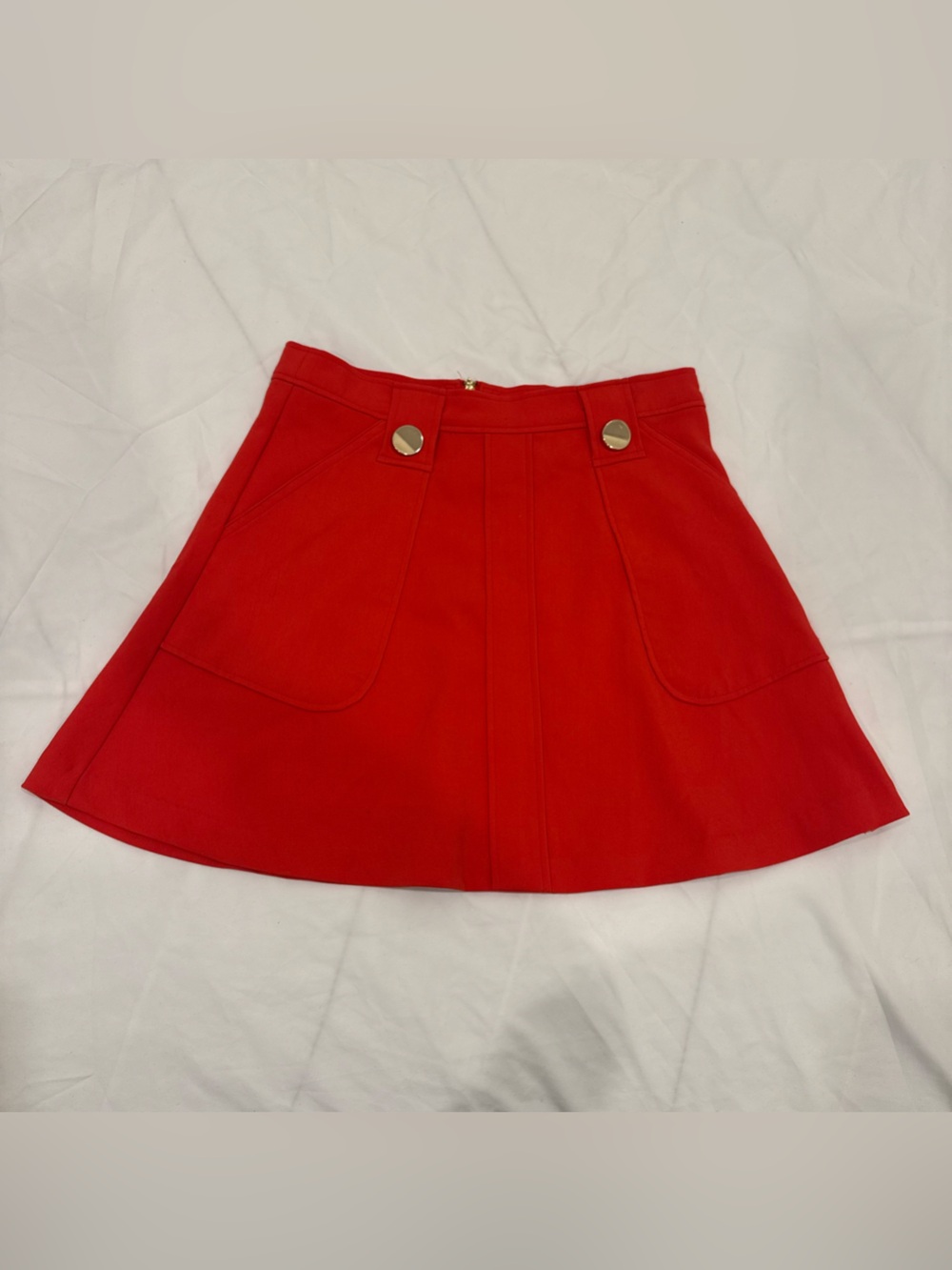 XOXO Red Mini Skirt High Waist Retro Mod A-Line Gold Button Pockets 7/8 Small